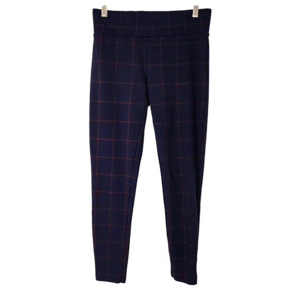 LOFT Outlet Soft Knit Leggings‎ Navy Blue Red Check XS Pull On Stretch Cropped - Picture 1 of 11